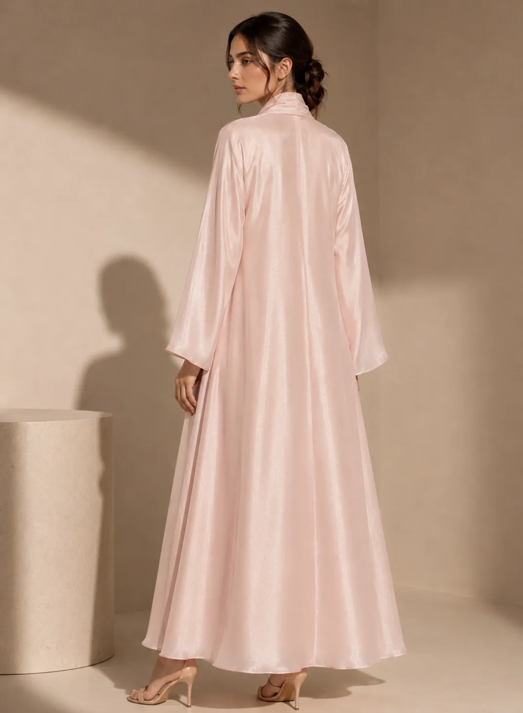 Blush pink satin open abaya — back view