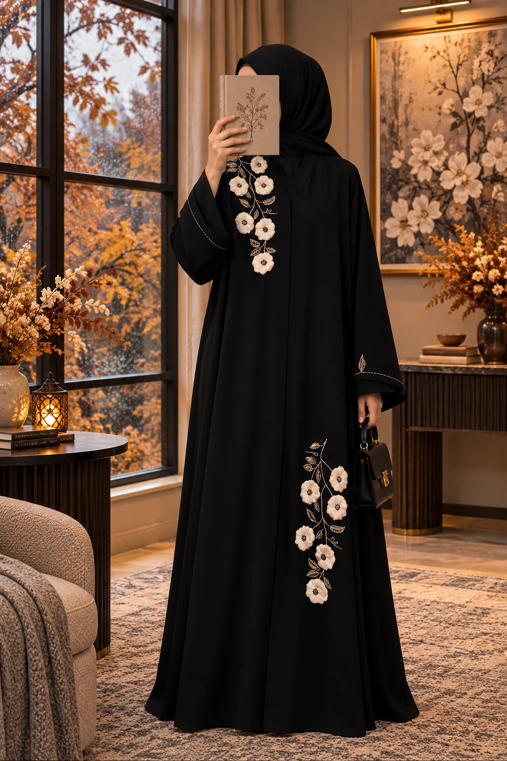 Sampling Flower Black & White White-Flower Handwork Open Abaya Wholesale