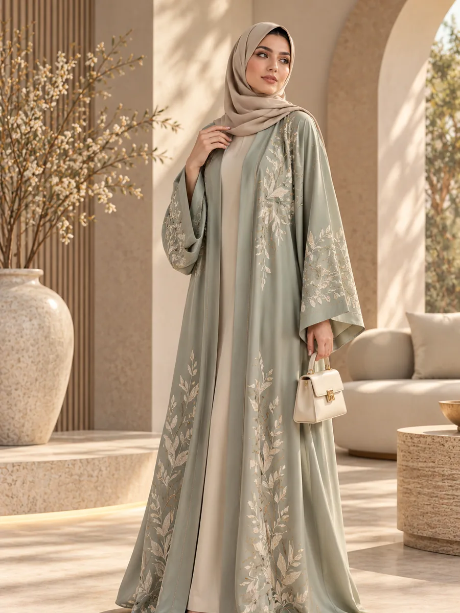 Sage green open abaya with cream leaf embroidery on the sleeves and front panels, embroidered abaya wholesale from a Dubai manufacturer