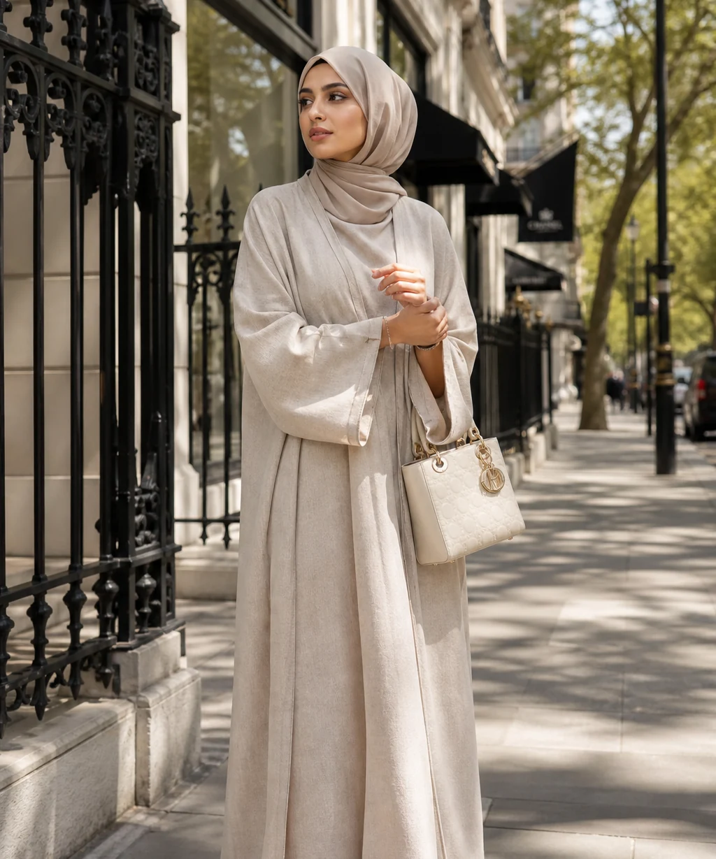 A cream open abaya with a matching hijab on a city shopping street, wholesale abaya from Dubai